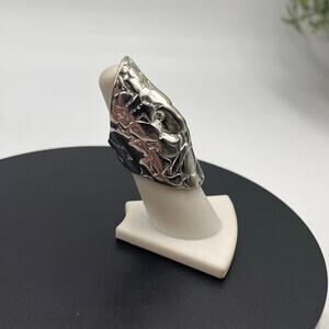 Silver Tone Hammered Shield Long Knuckle Full Finger Punk Ring 6.75